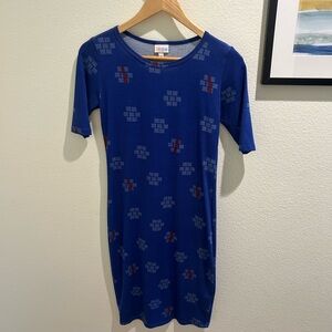 LuLaRoe Vibrant Blue Dress with Red Patterns